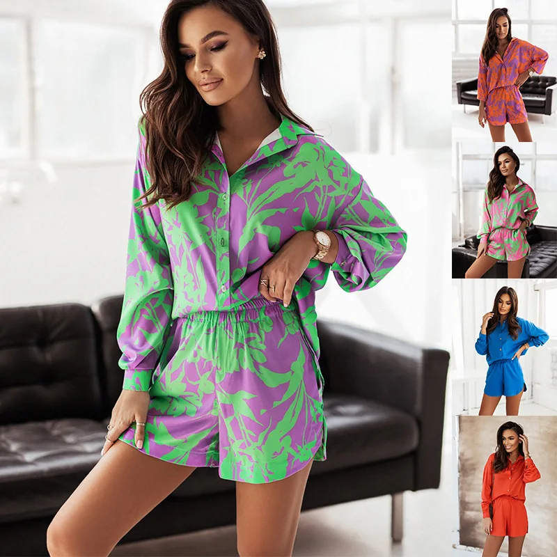 

Print Shorts Suits Woman Vintage Long Sleeve Shirt And Short Pants Suit Two Piece Set Female Casual Outfit
