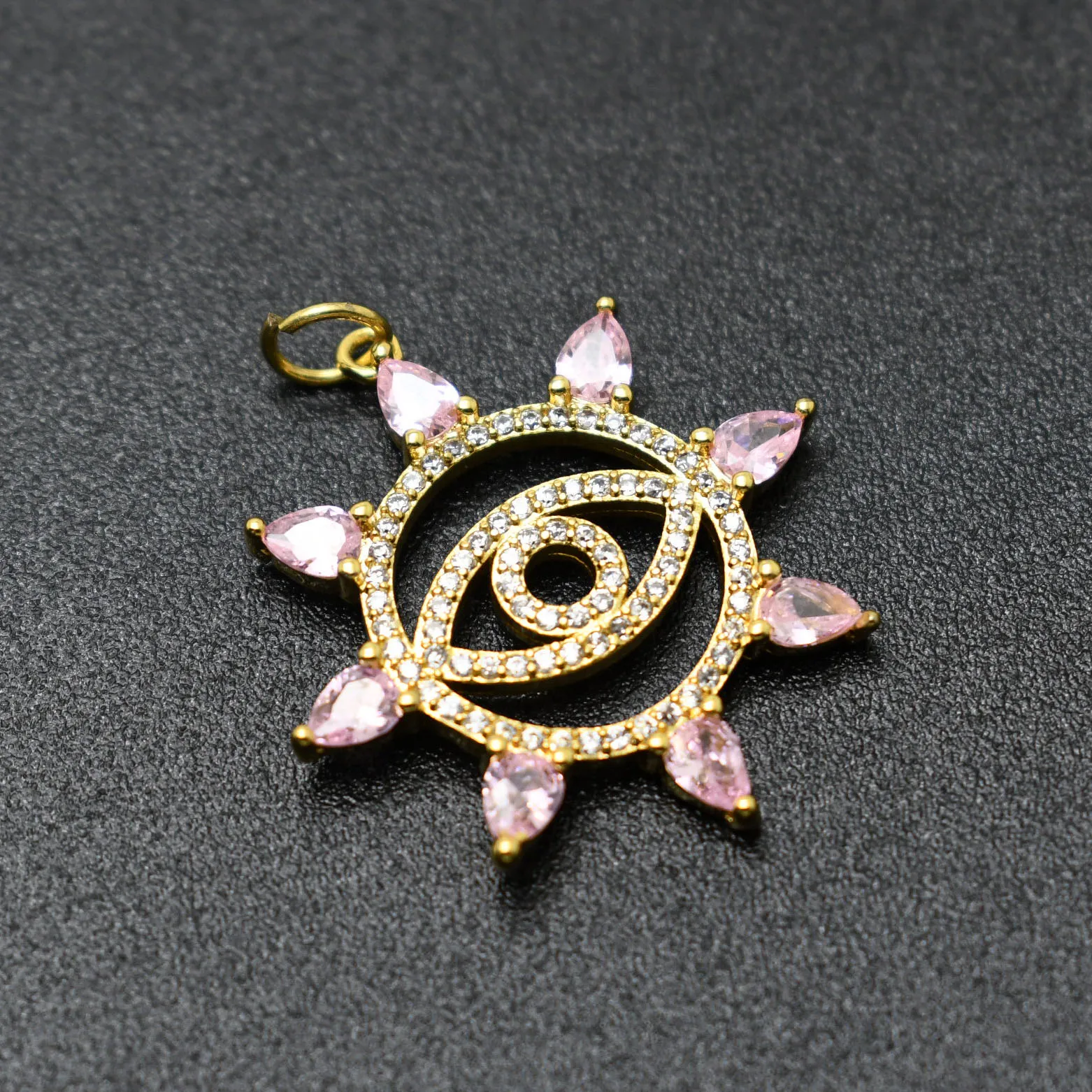 

Fashion Women Jewelry Supplies Gold Plated Big Size Pink CZ Setting Metal Hollow Flower Evil Eye Pendant for DIY Necklace