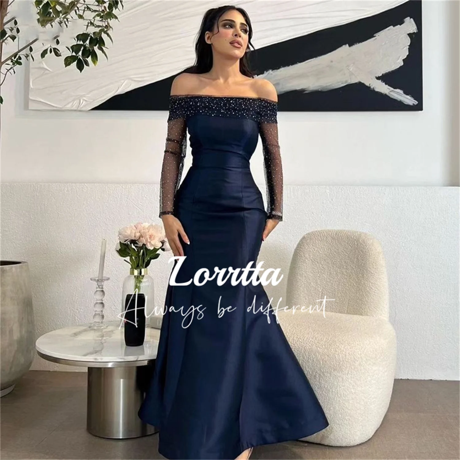 

Lorrtta темно-синее атласное официальное вечернее платье русалки с открытыми плечами блестящее платье с длинным рукавом женское Плиссированное бальное платье
