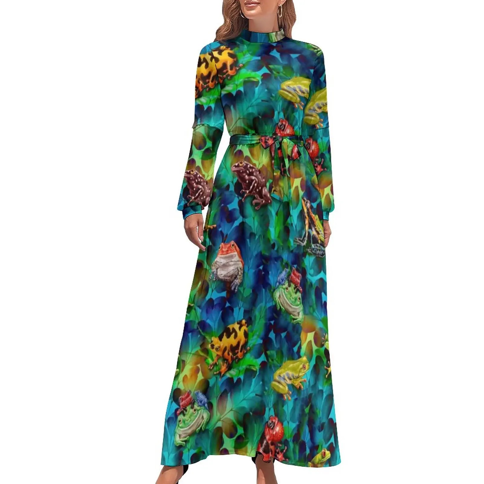 

Colorful Frog Art Dress Watercolor Animal Print Stylish Bohemia Dresses Women Long Sleeve High Neck Elegant Long Maxi Dress