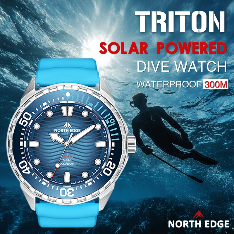 Фото NORTH EDGE 2025 Новые часы для дайвинга TRITON на солнечной энергии, мужские роскошные кварцевые часы для мужчин, корпус из нержавеющей стали 316L, водонепроницаемый, 300 м №1