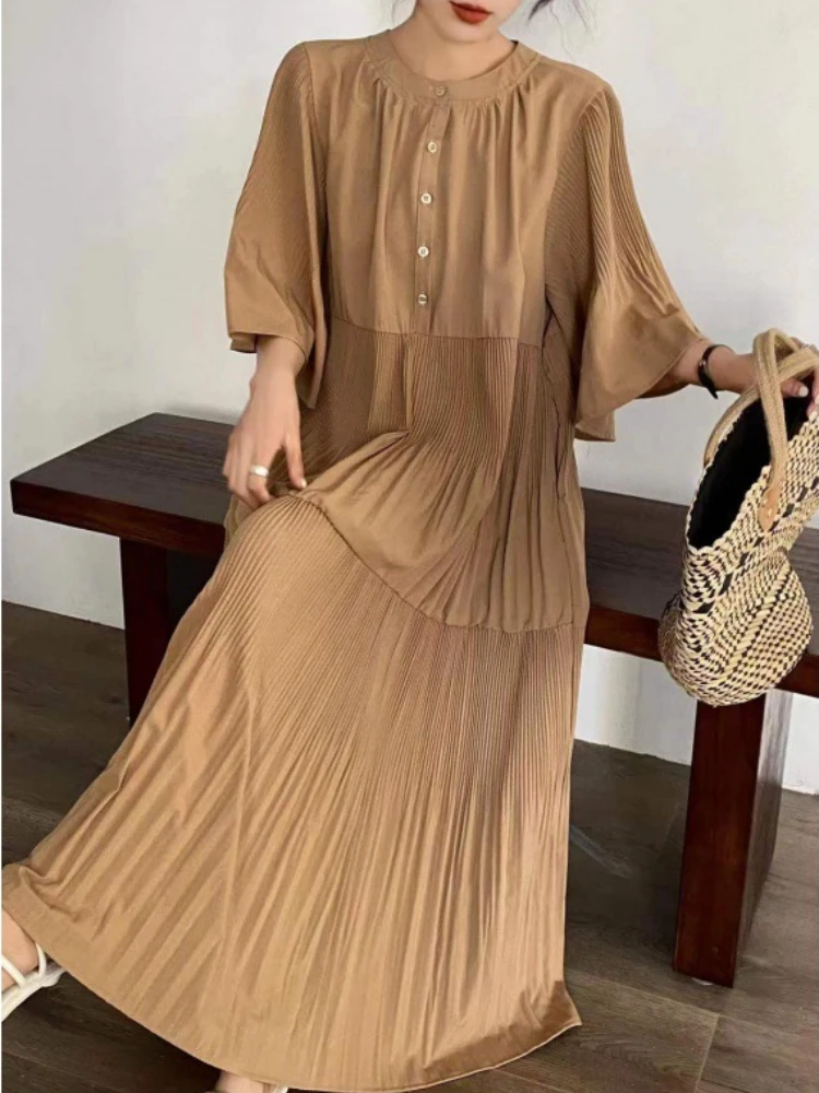

New Summer Dresses for Women 2023 Korean Style Solid LOOSE Pleats Long Dresses Streetwear Vintage Dress Elegant Party Dresses