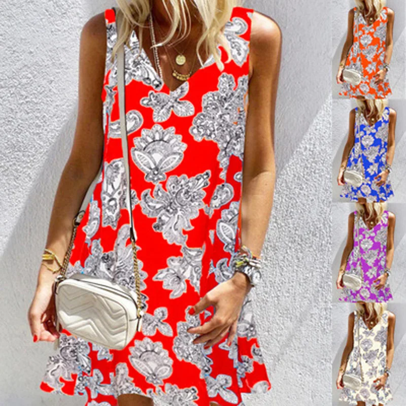 2023 Summer New Women's Dress V-neck Print Loose Sleeveless Tank Top Dress
