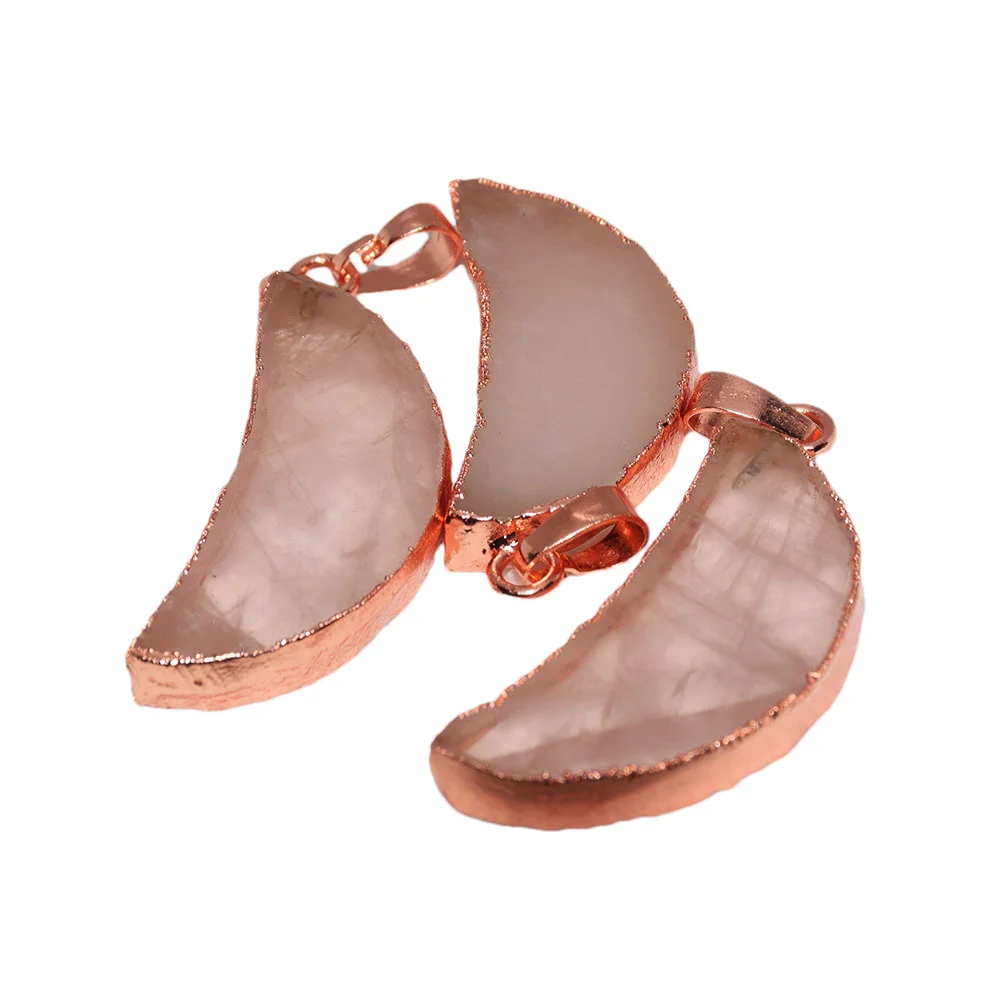 

2023 New Pink Crystal Rose Quartz moon Pendant for female natural DIY Jewelry women accessory horn Rose Gold Plated stone 5pc
