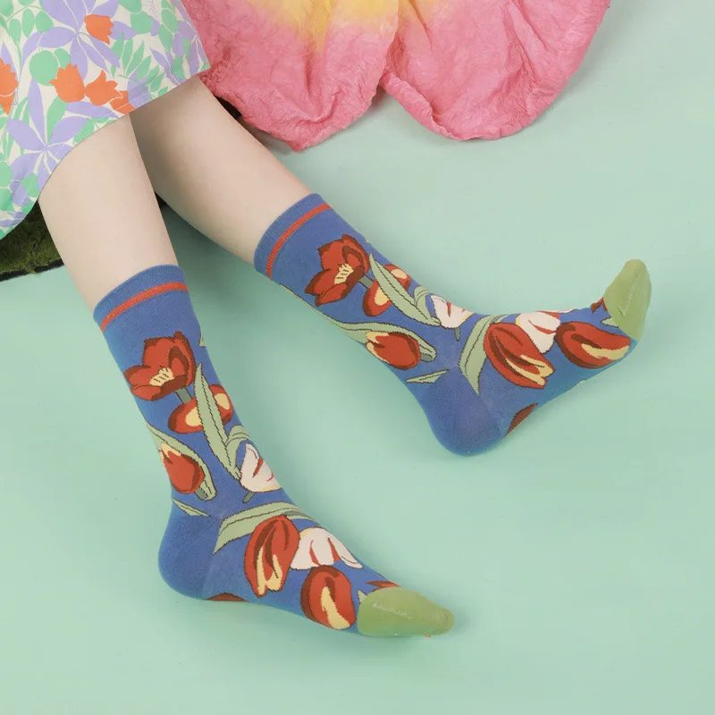 Модные женские носки с цветочным принтом зимние и весенние хлопковые защитой от