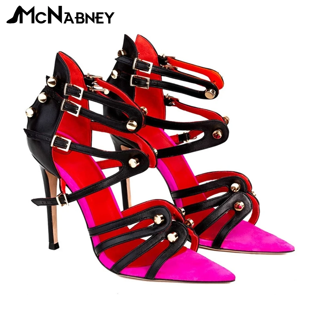 Pointed Toe Stud Sandals Sexy Fashion Style Summer Shoes Multicolor Super High Heel Ladies Sandals Metal Decor Buckle High Heels