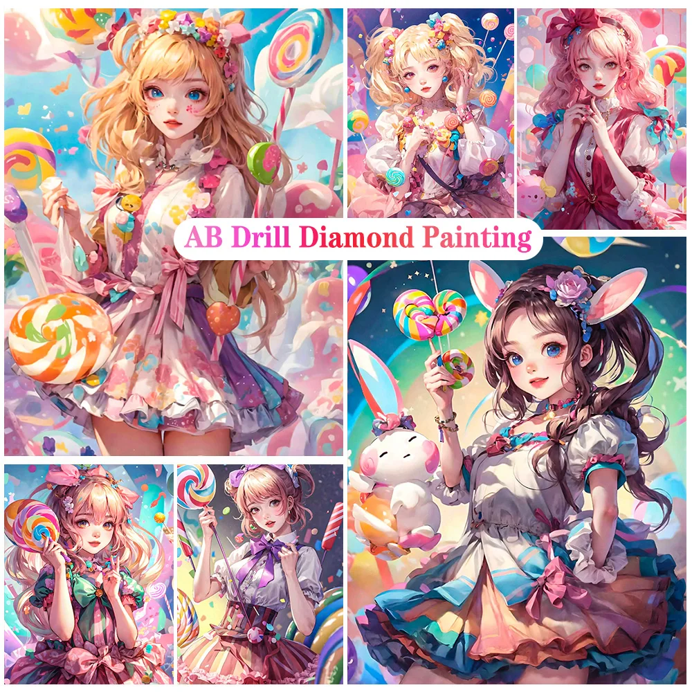 5D DIY AB Diamond Painting Cartoon Candy Girl All Diamond Mosaic Embroidery Cute Comic Girl Cross Stitch Home Decoration Gift