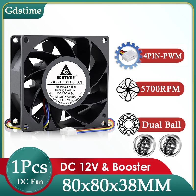 Gdstime DC 12V вентилятор 80*80*38MM высокоскоростной охлаждающий 8038 двойной шарик 4PIN PWM
