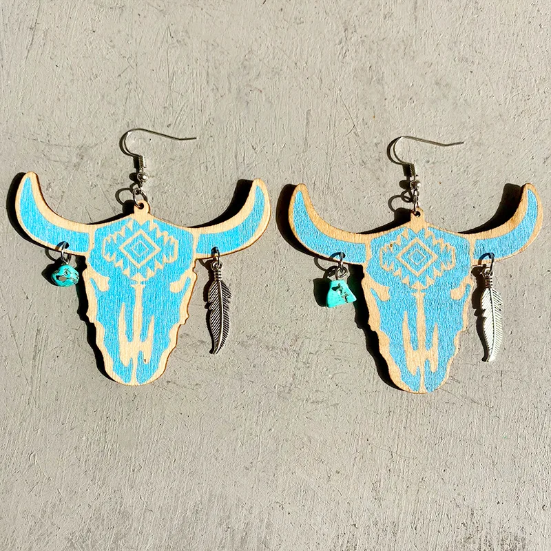 

Aztec Cow Skull Dangle Earrings for Women Western Aztec Bohemian Steer Shape Wooden Cowgirl Earring Texas Country Style Longhorn
