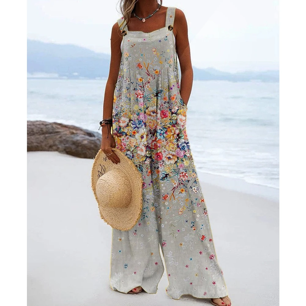 

Женский комбинезон с цветочным принтом Wepbel, повседневные летние комбинезоны с открытыми плечами, комбинезоны, уличная одежда, комбинезон с широкими штанинами и карманами