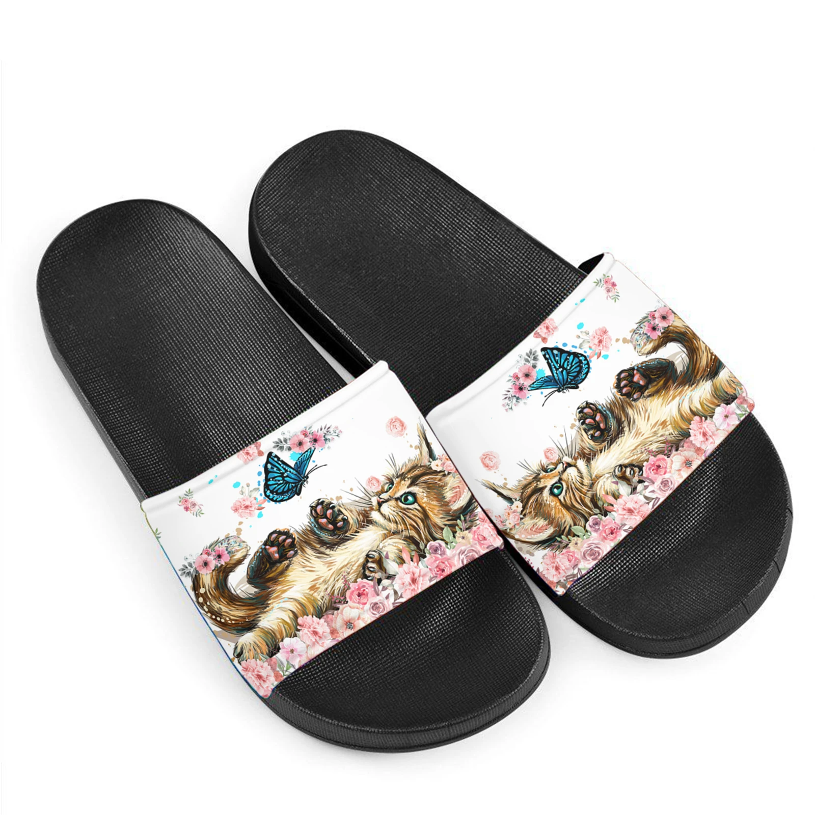 Cute Cat Butterfly Print Flat Sandals Outdoor Indoor Popular Breathable Casual Slippers Soft Sole Breathable Non-slip Slides New