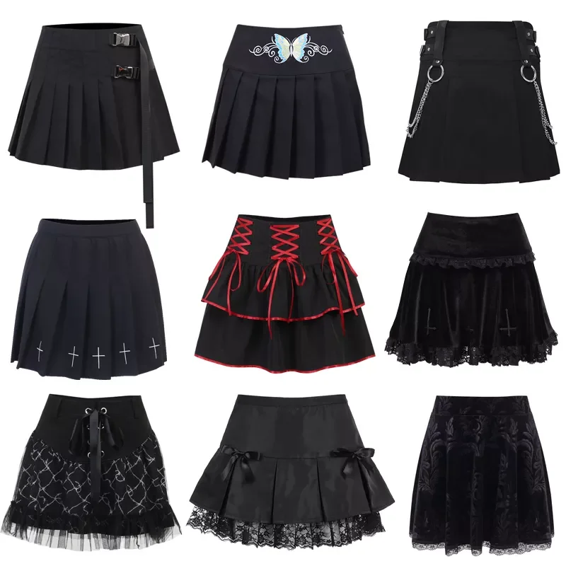 

Punk Harajuku Mini Skirt Sexy Black Lace High Waist Pleated A-line Skirt 90s Vintage Women E-girl Clothes