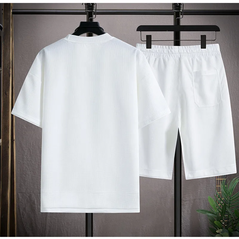 Summer men's two-piece linen fabric casual T-shirt + shorts suit men's sports fashion short sleeve suit t-shirt men shorts