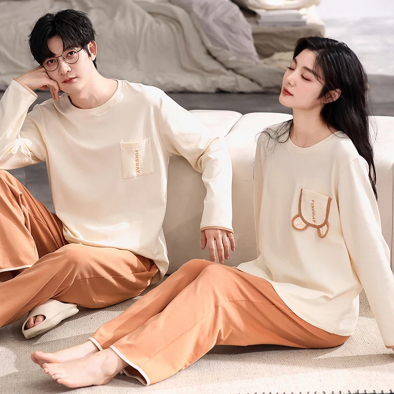 Новейший весенне-осенний пижамный комплект для пар пижама из 100% хлопка с длинным