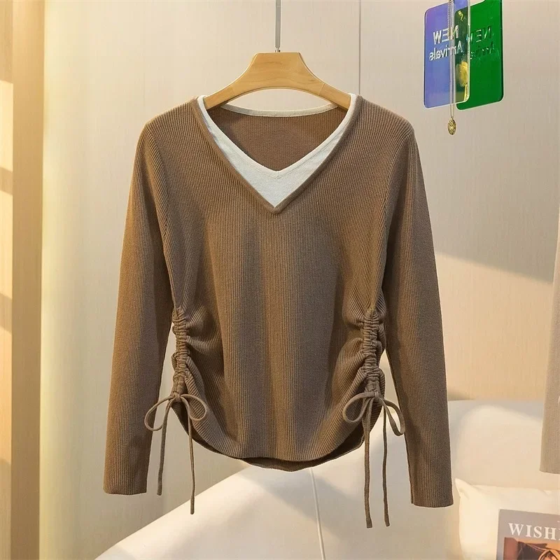 Женская футболка больших размеров с длинным рукавом иллюзорный дизайн