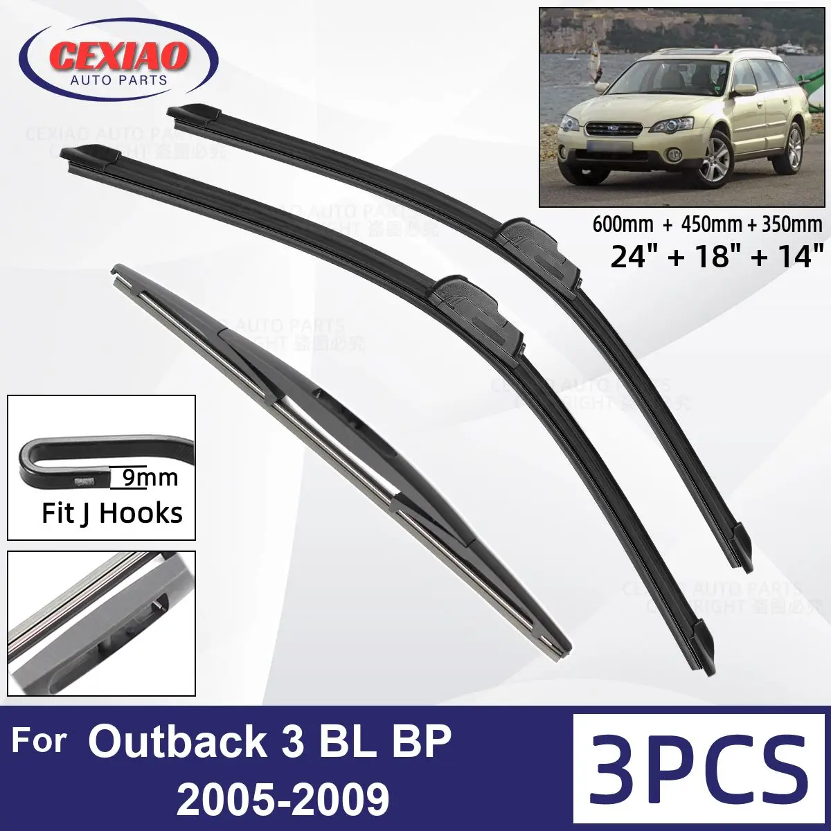 

For Subaru Outback 3 BL BP 2005-2009 Car Front Rear Wiper Blades Soft Rubber Windscreen Wipers Auto Windshield 24"18"14" 2008