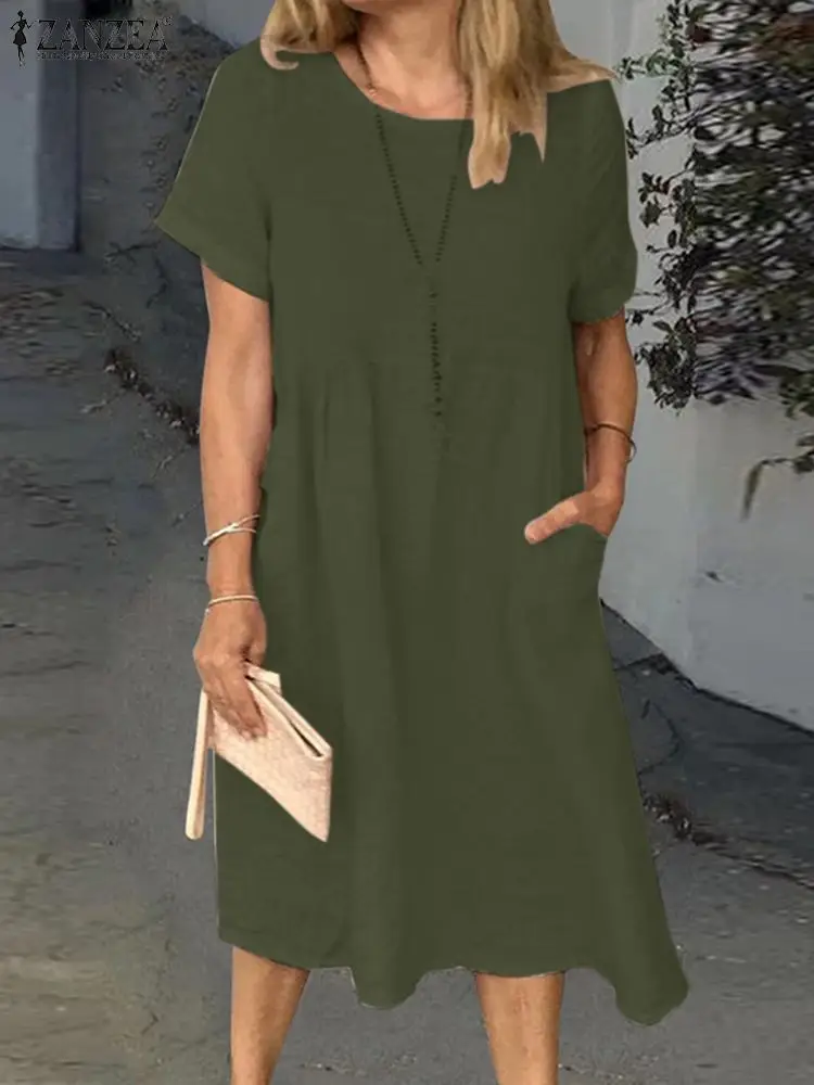 

Летнее модное однотонное платье ZANZEA, женское праздничное свободное пляжное платье, винтажный сарафан миди с круглым вырезом и коротким рукавом, кафтан оверсайз