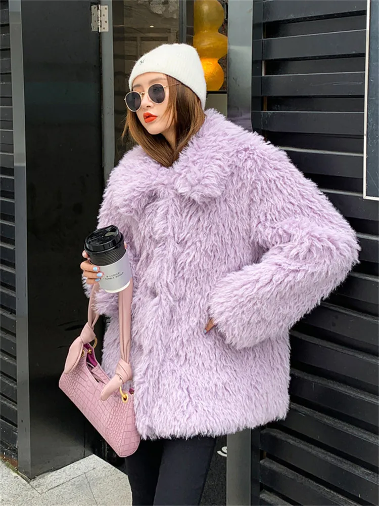 Elegant Violets Fur Coat Women Winter New Imitation Lamb Wool Coat Fashion Streetwear Lapel Single-breasted Jacket LR2340