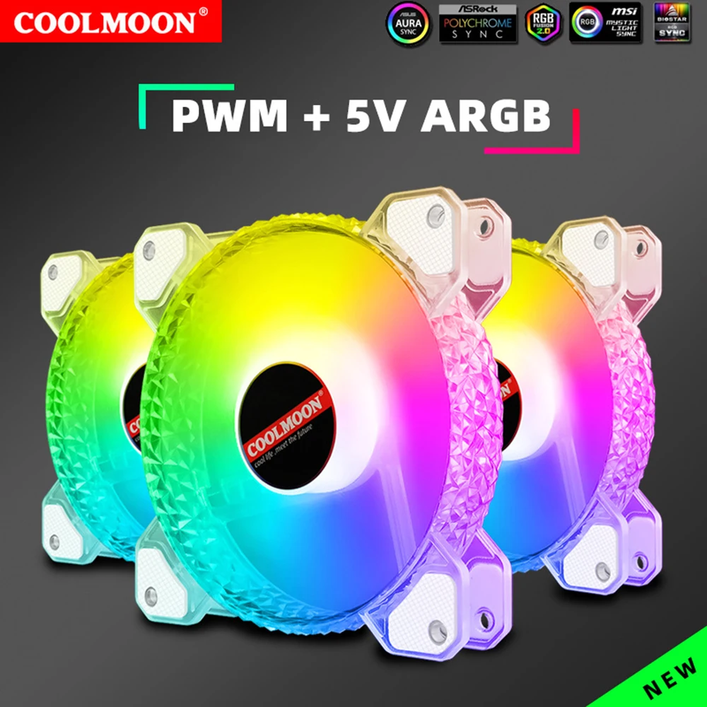 

Coolmoon 12CM RGB Fan 5V 3Pin ARGB Chassis Heatsink Quiet Fan AURA SYNC 4Pin PWM Control for PC Case Water Cooler CPU Radiator