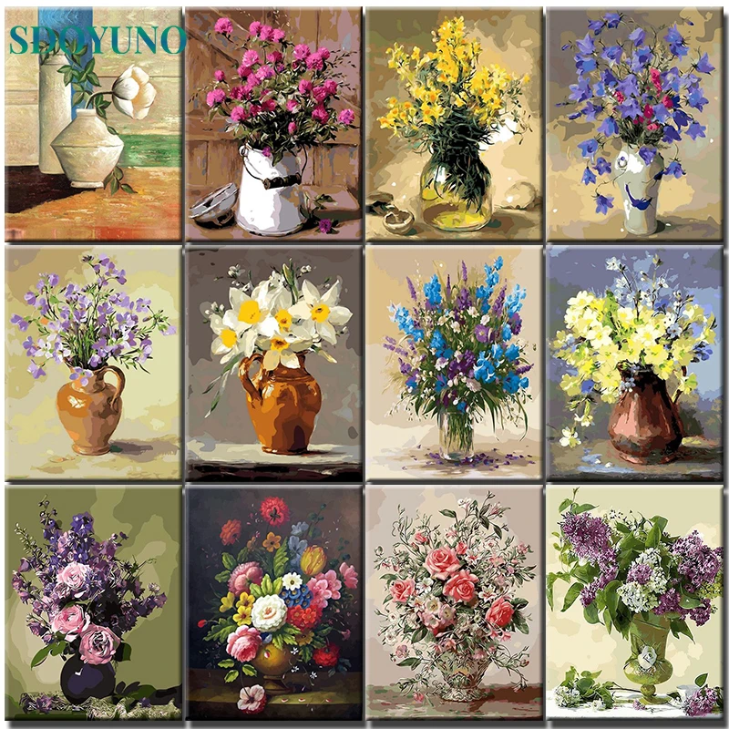 

SDOYUNO Frame Painting By Numbers Vase Scenery Flower Handpainted Kits Canvas Drawing Acrylic Paints Wall Artwork Home Decor