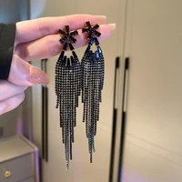 new arrival black rhinestone flower crystal tassel earrings for women statement jewelry long pendientes party jewelry