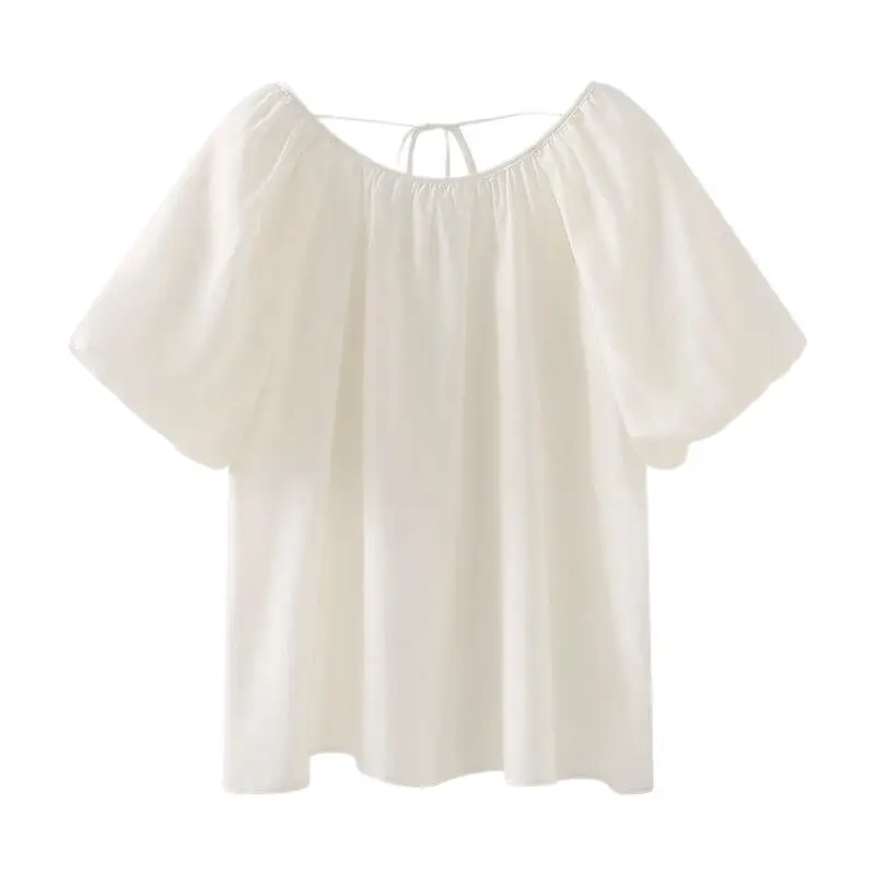 

Summer New Rayon O-Neck Lace-up Women's Tops Simplicity Solid Lightweight Temperament Loose Puff Sleeve Elegant Cozy Blouses