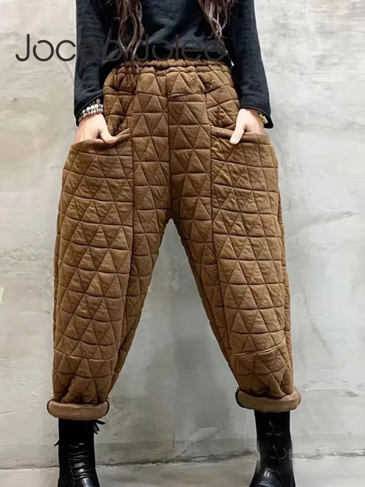 

Vintage Solid Harem Pants Women Casual Grid Loose Trouser Harajuku Light Cotton Thick Baggy Pants Elastic High Waist Sweatpants