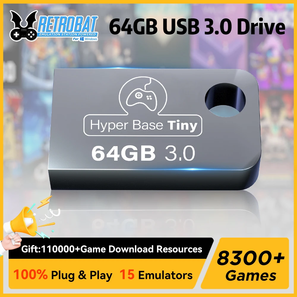 

64GB USB 3.0 Hard Disk Retrobat Portable Flash Drive 8300+ Games for PSP/DC/N64/NES/SNES for Windows PC/Laptop/Rog Ally/Win 600