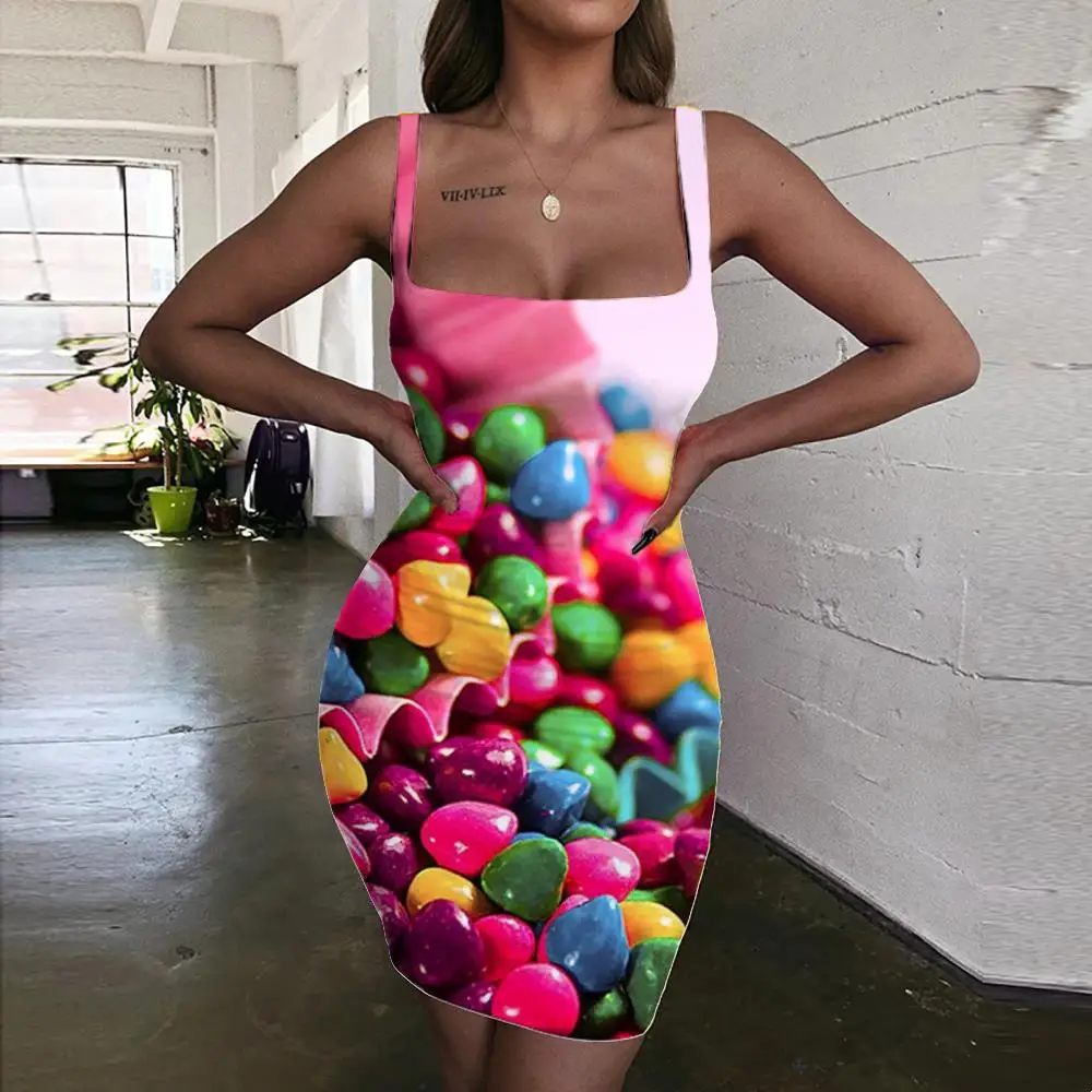

KYKU Candy Dress Women Food Vestido Sexy Colorful Bodycon Dress Love Sundress Womens Clothing Club Short Korean Style Femme