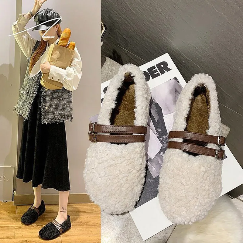 

Women Mary Janes Shoes Woman Loafers Autumn Winter Plush Warm Shoes Ladies Girls Students Casual Flat Shoes Female Footwear
