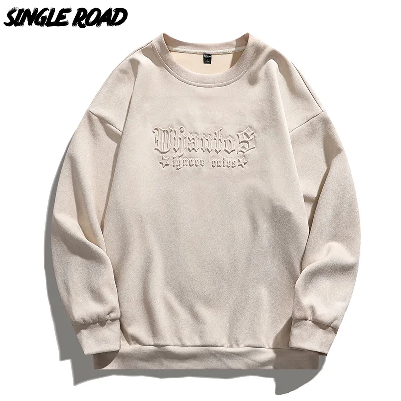 

Single Road Mens Suede Sweatshirt Men Urban Oversized Harajuku Crewneck Sweatshirts Streetwear Stencil Print Pullover