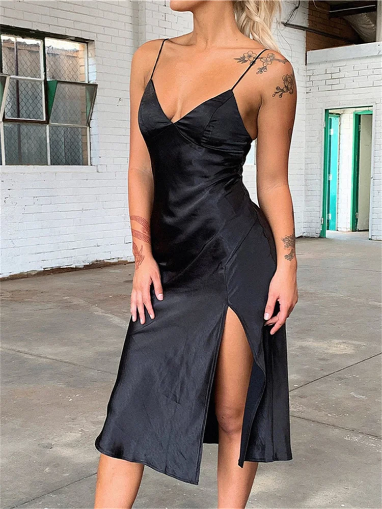 

CHRONSTYLE Chic Spaghetti Strap Satin Dress Party Club Summer Women Sleeveless V-neck Low Cut High Split Midi Dress Vestidos New