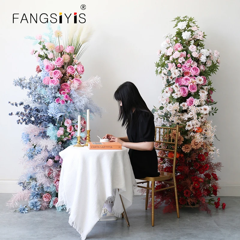 

Luxury Wedding Backdrop Props Horn Archs With Artificial Moon Shape Flower Row Arrangement Party Arch Marriage Decor Floral prop