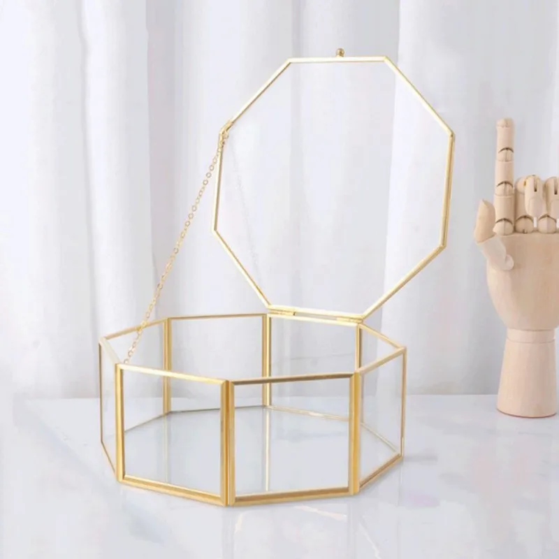 

Ins Wind Light Luxury Polygon Jewelry Storage Box Creative Sen System Eternal Flower Ring Box Copper Glass Wedding