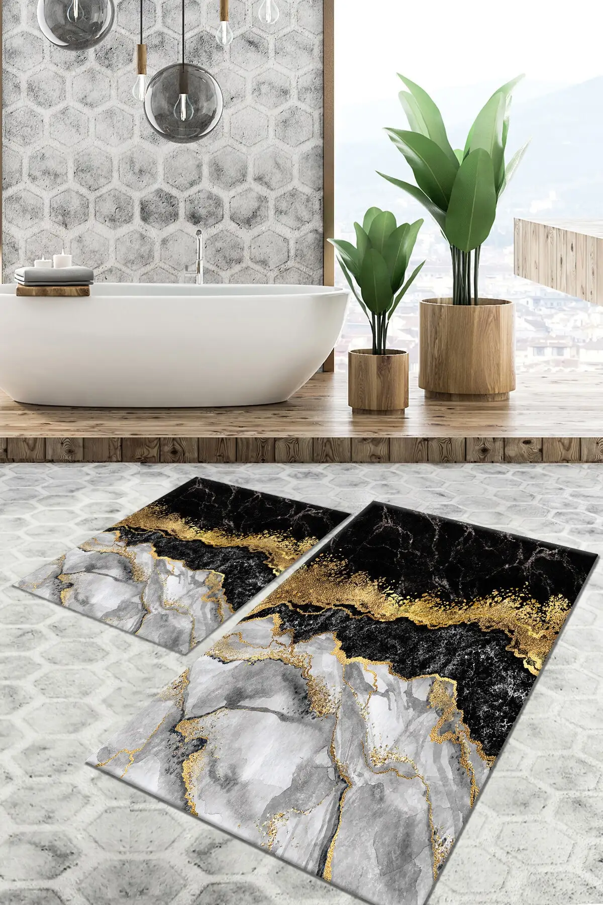 

2'li Washable Antibacterial Non-Slip Bottom Toilet Seat Pad 50x60 Cm - 60x100 Cm Digital Print Polyester Gold