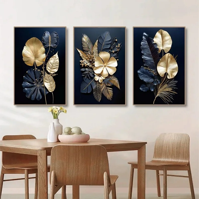 Домашний декор холст живопись черные и золотые листья цветы постер украшение для
