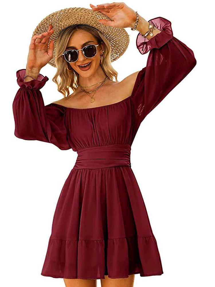 

Женские летние мини-платья с завязками сзади 2023, с длинным рукавом-фонариком, квадратным вырезом и оборками, с эластичной резинкой на талии, повседневное Элегантное короткое платье