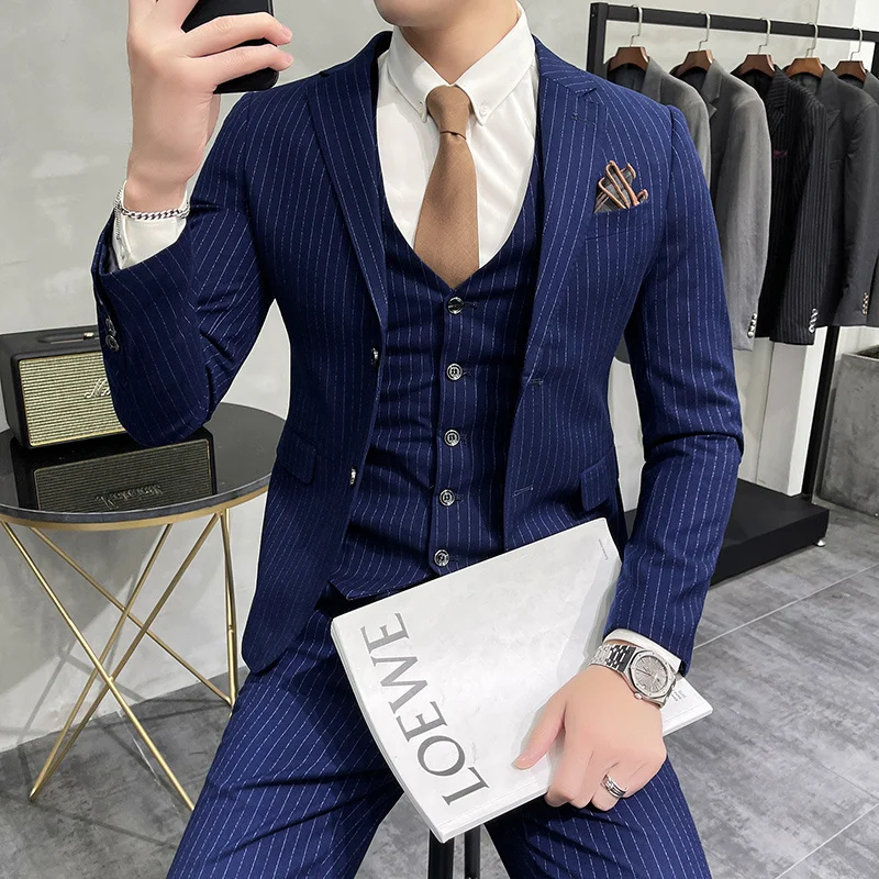 

2022 Latest Stripe Mens Suit Costume Wedding Suits For Men Slim Fit Groom Suits Wedding Prom Tuxedos Blazer+Pants +Vest 3piece