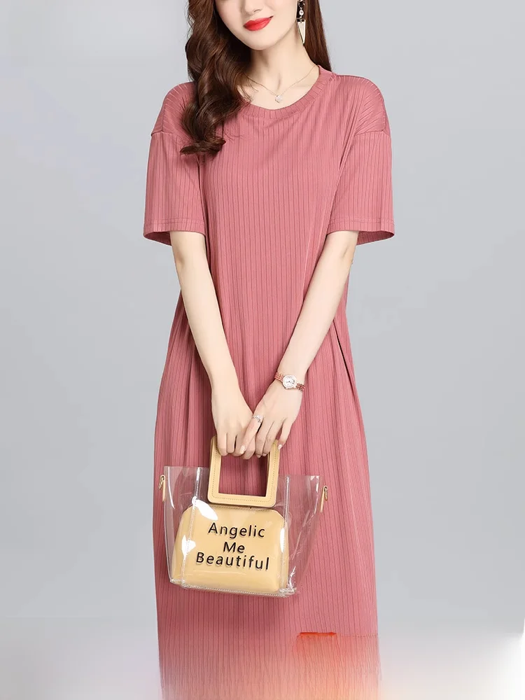 Женское Летнее шелковое платье с коротким рукавом средней длины