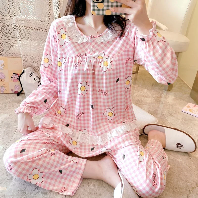 Sweet Pajamas Set Lace Sleepwear For Women Pyjama Women's Autumn Fashion Full-Sleeve Cartoon Princess Flower Homewear Plus Size