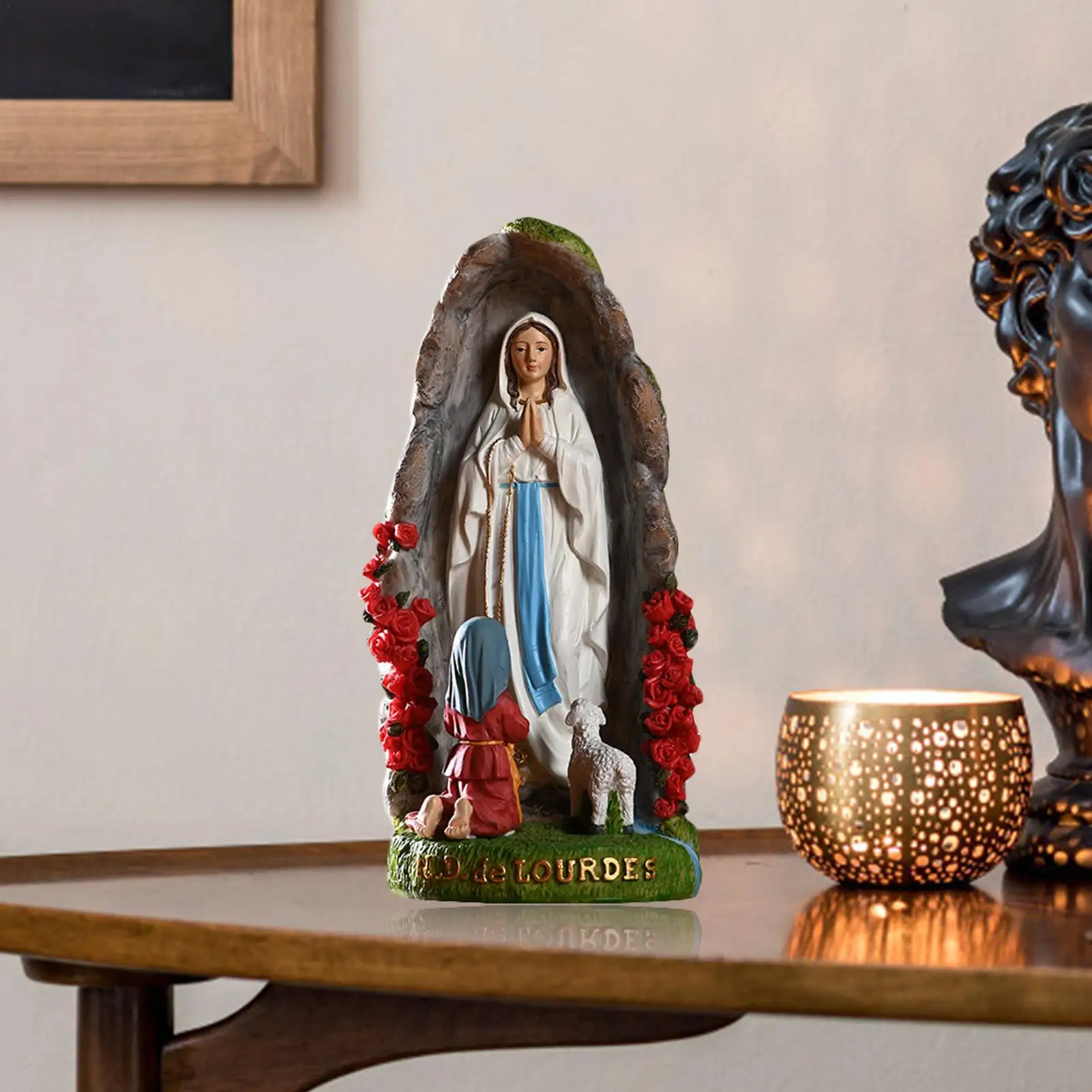 

Virgin Mary Statue - Our Lady of Lourdes with St Bernadette and Lamb Figurines Resin Sculpture | Blessed Mother Statues
