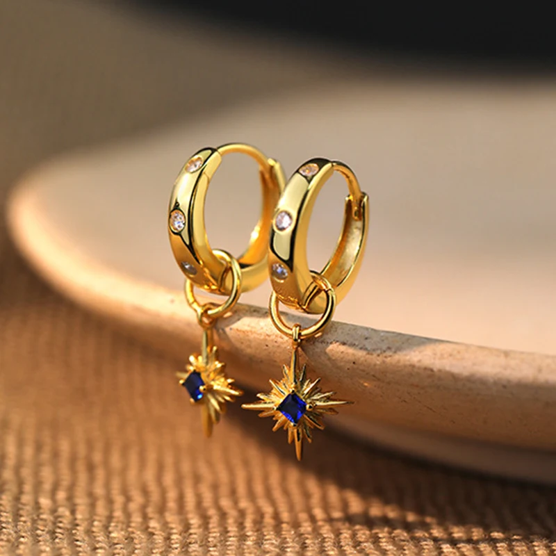 

S925 Sterling Silver Earrings Women Vintage Blue Diamond Star Earrings Female Shiny Zircon Design Luxury Jewelry Gift Lady Party