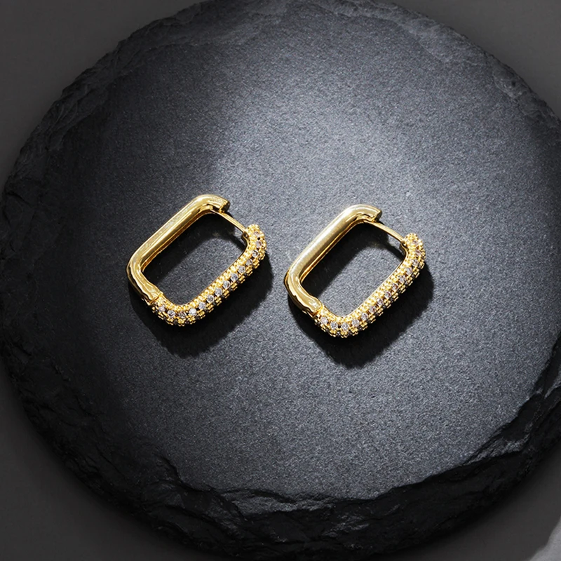 

2021 New Popular Design 14K Real Gold Simple Square Earrings for Women Charm Temperament Jewelry Shiny AAA Zirconia Party Gift