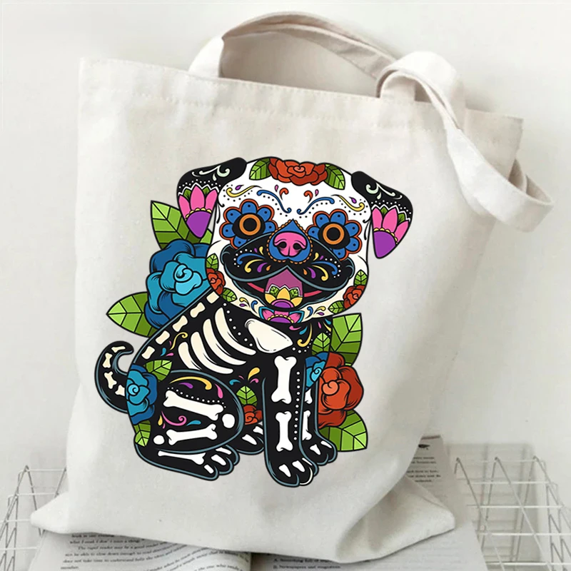 

Black Tote Bags Sugar Skull Mexico Print Hot Sale Grocery Storage Bags Women's Reusable Handbags Skull Print Shopping Bags 2022