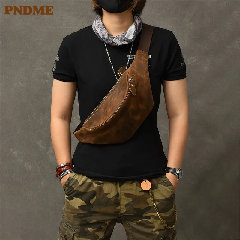 Vintage crazy horse cowhide men's chest bag simple casual genuine leather crossbody bag waist pack outdoor daily light fanny bag