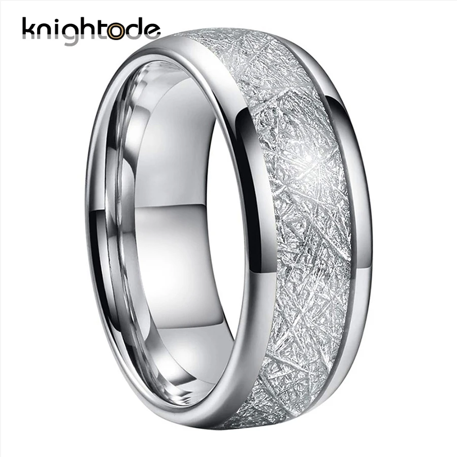 

8mm Silvery Tungsten Carbide Wedding Bands White Meteorite Inlay For Men Engagement Rings Dome Polished Comfort Fit