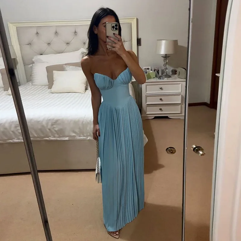 Элегантное плиссированное длинное свадебное платье для гостей с открытой спиной