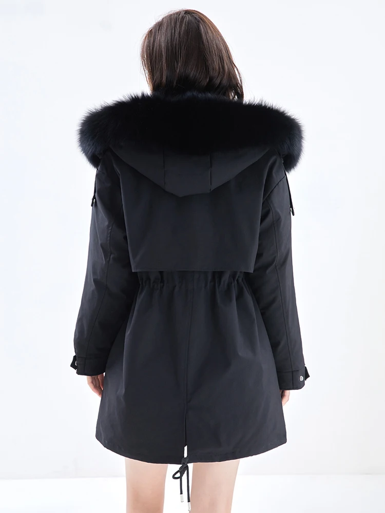 ONE-T Women Winter White Duck Down Coats Fur Hooded Long Thick Warmth Parkas Solid Black Raglan Sleeves Jackets Casual Clothing