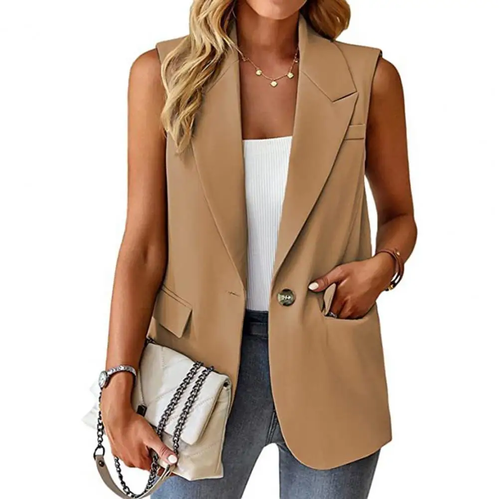 

Women Stylish Women's Sleeveless Lapel Single Button Mid Length Suit Coat with Patch Pockets for Formal Business Commute Loose