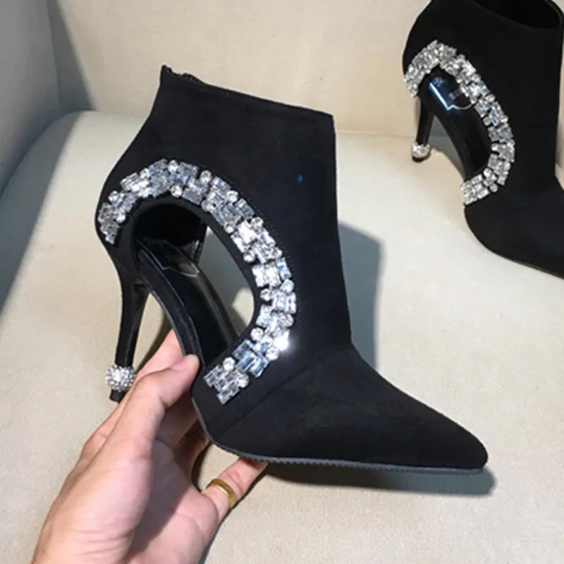 

Rhinestones Woman Boots Solid Hollow Out Zapatos De Mujer Zipper Ankle Shoes Women Pointed Toe Boots Thin Heels Fashion Shoes